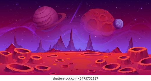 Alien space planet surface background with craters and mountains under a starry night sky. Vector game level scene, otherworldly landscape with alien Martian or Moon terrain and large planets above