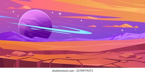 Alien space planet vector illustration. Cartoon orange planet landscape with purple sky, stars, planet and desert stone surface. Flat style design concept for sci-fi, game, book fantasy illustrations.