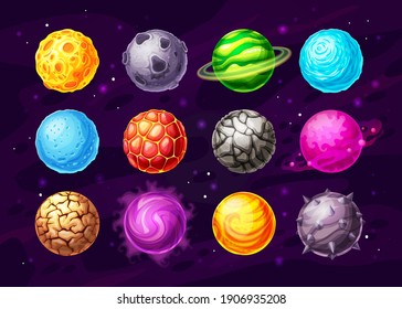 Alien Space Planets Cartoon Vector Design Of Space Game UI, User Interface. Fantasy Universe Galaxy Planets With Orbits, Stones, Magic Energy Fire Craters And Ice Crystals, Mist Rings And Stars