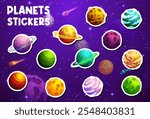 Alien space planets stickers on fantasy galaxy universe sky vector background. Cartoon futuristic planets of alien galaxy outer space stickers pack with color stone surface, craters and orbit rings