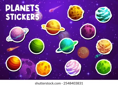 Alien space planets stickers on fantasy galaxy universe sky vector background. Cartoon futuristic planets of alien galaxy outer space stickers pack with color stone surface, craters and orbit rings