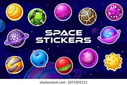 Alien space planets stickers pack. Cartoon fantasy extraterrestrial galaxy spheres. Vector patches with colorful fantastic gui asteroids. Cosmic world objects with cracks, craters and glowing surfaces