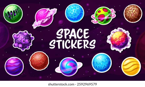 Alien space planets stickers pack. Cartoon vector patches of vibrant fantasy galaxy planets against a starry purple sky background. Colorful cosmic world spheres, celestial bodies with rings, craters