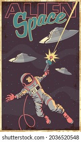 Alien Space Retro Sci Fi Book Covers style Illustration, Astronaut and Flying Saucers in Outer Space