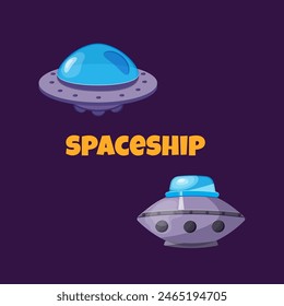 Alien space ships, cartoon, and rockets. Game engines graphic design elements, funny cosmic spaceships, Isolated vector illustration.