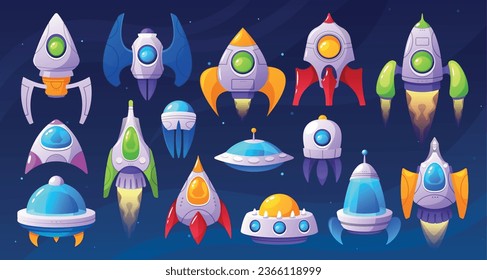 Alien Space Ships, Cartoon Ufo Saucers And Rockets Take Off With Fire Beams. Fantasy Bizarre Shuttles, Game Engines