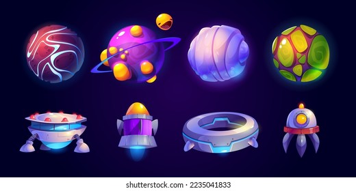 Alien space ships and planets isolated set. Ufo saucers, shuttles and rockets with asteroids. Fantasy cosmic objects, game graphic ui or gui elements, funny collection, Cartoon vector illustration