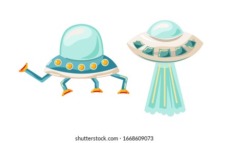 Alien space ships set. Unknown flying object. Vector illustration isolated on white background. Flat style design.