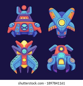 Alien space ships, ufo rockets, fantasy bizarre shuttles, computer game graphic design elements, cosmic collection of funny spaceships isolated on blue background, Cartoon vector illustration set