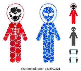 Alien space suit composition of filled circles in different sizes and shades, based on alien space suit icon. Vector filled circles are combined into blue mosaic.