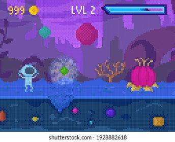 El extranjero con traje espacial pasa el juego. Astronauta en diseño de interfaz de juego de píxeles. El OVNI levanta las manos y mira a través del casco a una planta extraña. Caracter camina por la carretera y recoge cristales