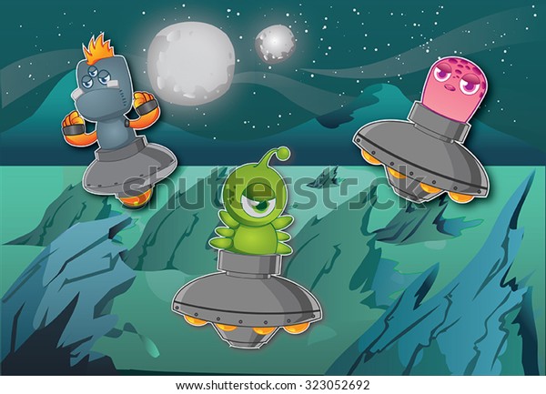Alien In Space - Trio of Aliens in\
Space With Background of Universe, Planets and\
Stars