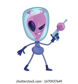 Alien with space weapon flat cartoon vector illustration. Invader, extraterrestrial with gun. Ready to use 2d character template for commercial, animation, printing design. Isolated comic hero