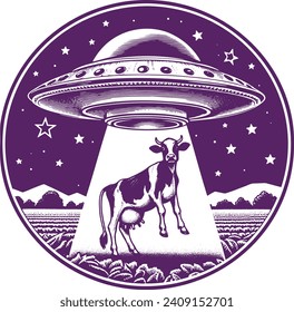 Alien spacecraft abducting a terrestrial cow with a beam from the vessel vector stencil illustration