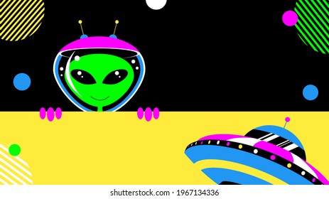 Alien and spacecraft banner with copy space. World UFO Day. Vector stock illustration. 