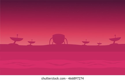 alien spacecraft in fog silhouettes vector illustration