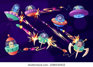 Alien spacecraft. Space battle. Cartoon game attack. Universe shuttle. Enemy spaceship. Fight between spaceships. Battle rocket ship and UFO. Cute character with blaster. Vector garish Sci-Fi concept