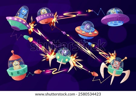 Alien spacecraft. Space battle. Cartoon game attack. Universe shuttle. Enemy spaceship. Fight between spaceships. Battle rocket ship and UFO. Cute character with blaster. Vector garish Sci-Fi concept