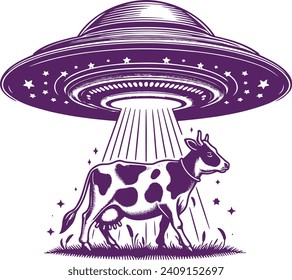 Alien spacecraft in a vector stencil illustration abducting a cow with a beam