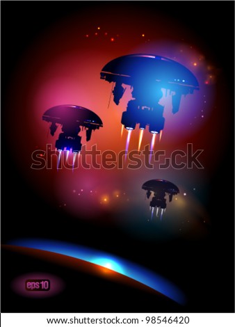 Alien Spacecrafts leaving Earth. Eps 10.