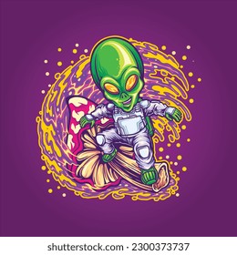 Alien spaceman surfing on space with trippy mushroom illustrations vector for your work logo, merchandise t-shirt, stickers and label designs, poster, greeting cards advertising business company brand