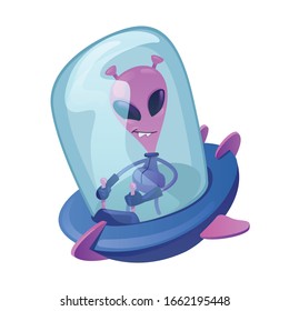 Alien in spacescraft flat cartoon vector illustration. Extraterrestrial driving spaceship. Ready to use 2d character template for commercial, animation, printing design. Isolated comic hero