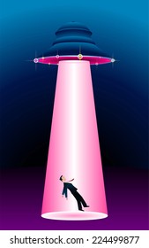 Alien spaceship abducting a man illustration