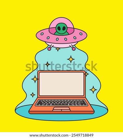 Alien spaceship above laptop wit colorful background and sparkles