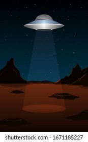 Alien spaceship above planet Mars. Vertical poster. Vector illustration.