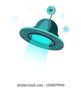Alien spaceship with antenna. Blue spacecraft with antenna in sky. Can be used for topics like ufo, exploration, space 