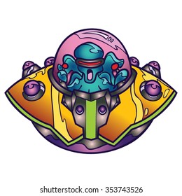 Alien Spaceship - Blue Creature In Yellow and Purple Ship Cartoon Vector