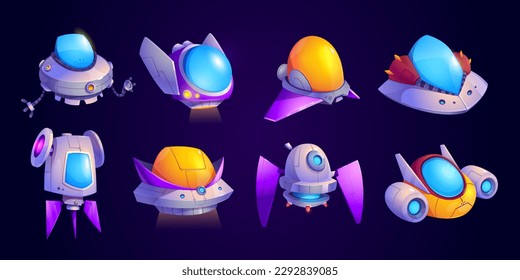 Alien spaceship cartoon game vector icon set. Ufo shuttle cute fantasy illustration. Colorful space ship ui asset collection. Travel transport for cosmos flight. Futuristic scifi galaxy vehicle