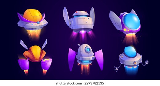 Alien spaceship cartoon game vector icon set. Ufo shuttle cute fantasy illustration. Colorful space ship ui asset collection. Travel transport for cosmos flight. Futuristic scifi galaxy vehicle