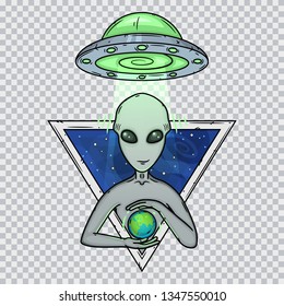 Alien and alien spaceship. Cartoon alien. Grey alien. Greys.