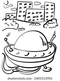 Alien spaceship in the city at night, coloring page with UFO on the background of houses vector illustration for creative activity