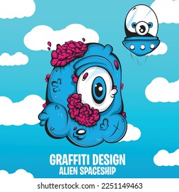 Alien spaceship in clouds graffiti vector illustration