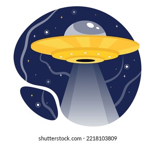Alien spaceship concept. UFO with ray of light. Fantasy, imagination and mysticism. Travel and adventure, fairy tale. Space and galaxies, universe. Poster or banner. Cartoon flat vector illustration