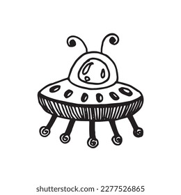 alien spaceship doodle illustration on white