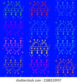 Alien spaceship doodle seamless pattern on blue background