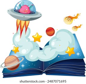 Alien spaceship emerging from an open book