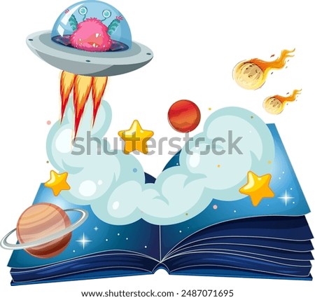 Alien spaceship emerging from an open book