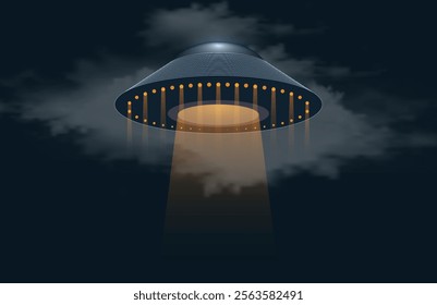 Alien spaceship emitting light beam in the sky. Ufo Uap concept, Unidentified Flying Object Saucer, Extraterrestrial visitors.