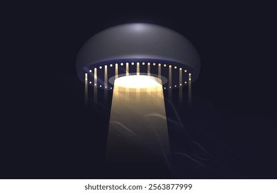 Alien spaceship emitting light beam in the blue sky. Ufo Uap concept, Unidentified Flying Object Saucer, cartoon style. Extraterrestrial visitors.