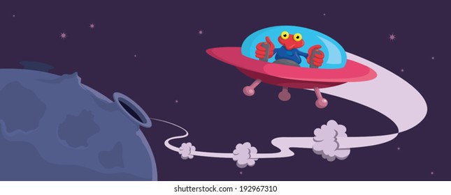 Alien spaceship flying cartoon illustration