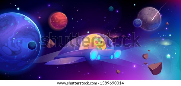 Alien in spaceship flying in\
cosmos between planets. Vector cartoon futuristic illustration of\
ufo rocket in outer space, galaxy with stars and alien\
saucer
