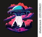 Alien spaceship flying over the forest. Graffiti style, printable design for t-shirts, mugs, cases, etc.