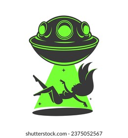 Alien spaceship flying over the forest. Graffiti style, printable design for t-shirts, mugs, cases, etc.