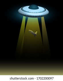 alien spaceship. A flying saucer abducts a person at night. Illustration, vector