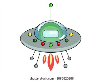 Alien in a spaceship. Flying saucer - UFO аmong us - vector full color picture. The alien is green in the starting flying saucer.