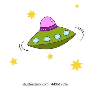 Alien spaceship flying through stars, cartoon